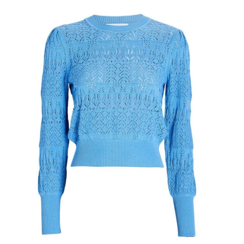Intermix Womens 100% Cotton Crew Neck Pullover Crochet Sweater Blue Petite